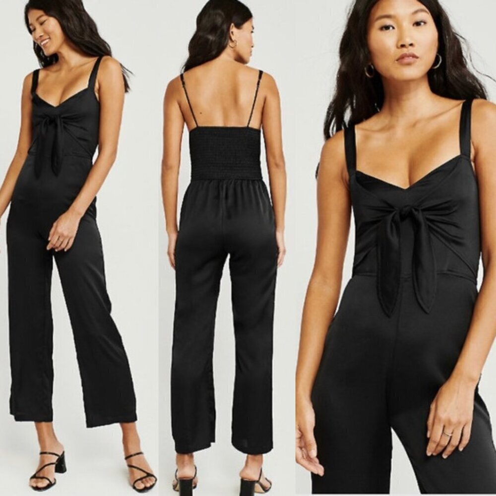 Abercrombie & Fitch Black Soft Satin Tie Front Jumpsuit 37386